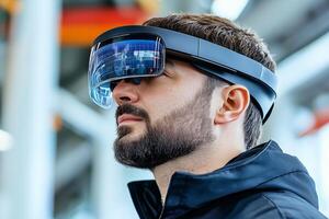 Factory worker utilizing smart glasses with an augmented reality interface to access real-time operational data photo