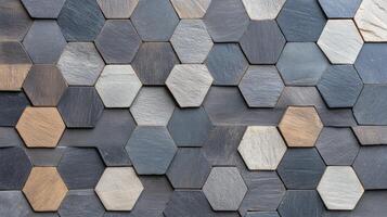 Modern abstract wall featuring 3D hexagonal tiles in dark hues and metallic finishes enhancing visual depth photo