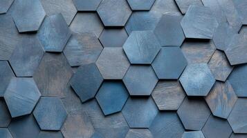 Futuristic abstract wall featuring 3D hexagonal tiles in dark and metallic shades with intricate textures photo