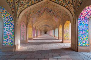 Symmetrical Mughal palace archway featuring colorful floral patterns and intricate architecture in India photo