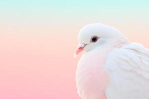 A close-up view of a white dove gracefully spreading its wings against a gentle gradient backdrop highlighting elegance photo