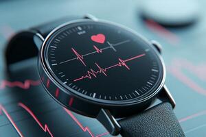 Digital watch with heart rate monitor app showing vital signs at home during a health check photo