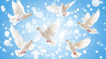 A flock of doves soaring high above in a clear blue sky symbolizes freedom and harmony in bright light photo