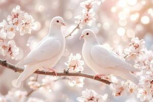 A pair of doves sitting on a flowering tree branch amidst soft bokeh lights during a tranquil afternoon photo