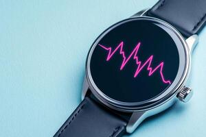 Digital watch displaying heart rate monitor app with bright ECG line for fitness tracking photo