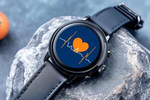 Modern digital watch with heart rate monitor app displaying ECG line and heart icon for fitness tracking photo