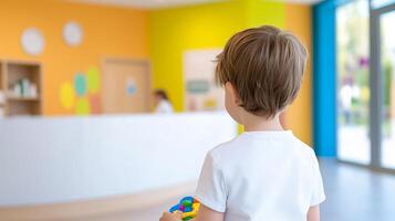 Receptionist offers a toy to a young child in a bright pediatric clinic waiting area photo