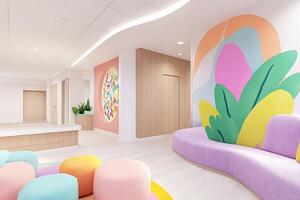 Bright and colorful modern clinic waiting area designed for comfort and relaxation photo