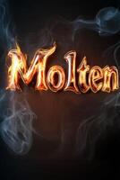 Dynamic liquid text effect featuring the word Molten surrounded by wisps of smoke in a dark setting photo