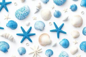 Seamless pattern featuring intricate blue seashells and starfish on a pristine white background for a nautical theme photo