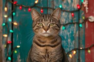 A tabby cat surrounded by colorful Christmas lights on a rustic wooden backdrop photo