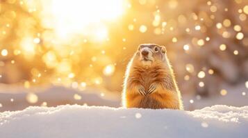 Groundhog enjoying sunrise in the snow, capturing winters beauty and springs arrival photo
