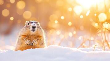 Groundhog resting in soft snow during a warm sunrise light, showcasing winter and the coming spring photo
