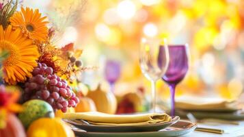 A rustic dining table setting with earthy tones and autumn decorations for a cozy gathering photo