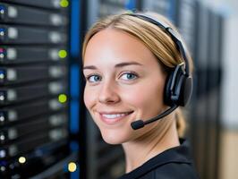 Female network technician monitors security and performance in a data center with advanced digital interfaces photo