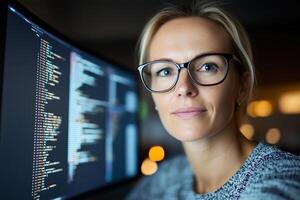 A woman teaches her team about cybersecurity protocols in a high-tech environment with data displays photo