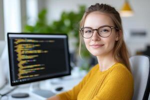 Female coder working in a modern office, engaging with digital data and cybersecurity elements photo