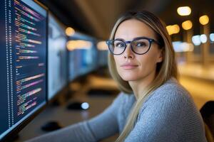 A professional woman explains cybersecurity protocols to her team in a high-tech workspace with monitors displaying data photo