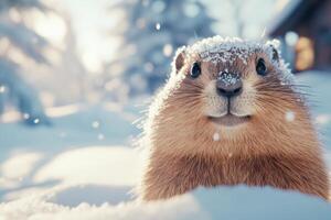 Groundhog Day celebration with groundhog emerging in snowy landscape surrounded by winter scenery photo