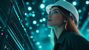 Female engineer inspecting cables in a data center during a technical review while prioritizing safety and expertise photo