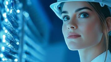 Female engineer inspecting server racks in a data center while ensuring safety and connectivity photo