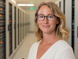 Woman troubleshooting network issues in a server room with tablet and serious expression photo