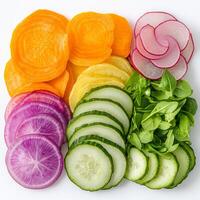 Sliced raw sweet potatoes and colorful vegetables arranged on a clean white background for healthy food presentation photo