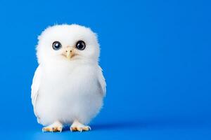 A fluffy owl with gemstone eyes perched on a blue canvas in soft daylight photo