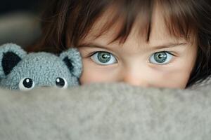 Child peeking out from underneath a blanket while holding a cute grey stuffed animal photo