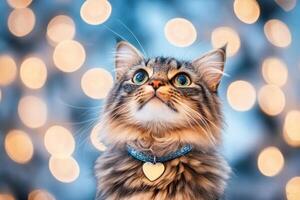 A Maine cat with a heart-shaped gemstone stands among glowing lights in a tranquil evening forest photo