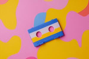 Vibrant cassette tape on a colorful pop-art background inspired by retro 80s design and nostalgia photo