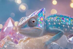 A vibrant chameleon rests on sparkling crystals in a soft, dreamy background with bokeh lighting photo