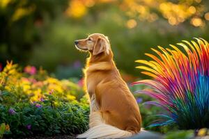 Golden retriever shines in colorful garden under bright morning light photo