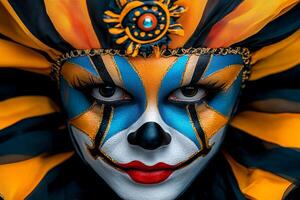 Dramatic clown mask with vivid colors and unsettling expression against a dark carnival backdrop photo