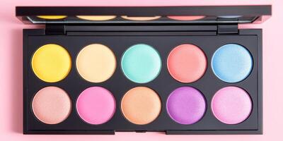 Vibrant makeup palette with colorful cosmetics on a pastel background in a cheerful and bright setting photo