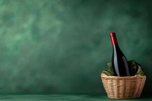 Elegant collection of dark red wine bottle nestled in a woven basket against a rich green backdrop photo