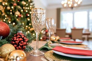 Elegant Christmas dining setup with chandelier and festive decorations in a cozy setting photo