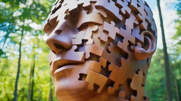 Wooden puzzle piece sculpture of a human head representing growth in a tranquil outdoor setting photo