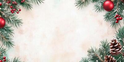 Festive Christmas background with pine branches and red ornaments creating a warm and cheerful atmosphere photo