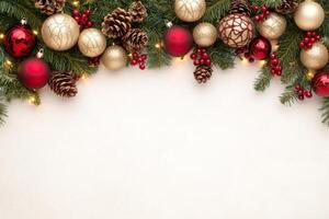 Bright and festive holiday background featuring a Christmas tree garland with red and gold ornaments on a white backdrop photo