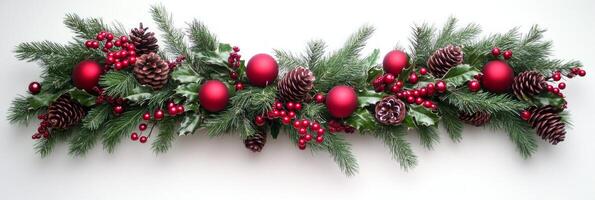 Traditional Christmas wreath adorned with ornaments, red berries, and pine cones for a festive holiday atmosphere photo