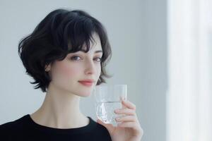 A woman with short hair enjoying a refreshing glass of water in a minimalist setting during daylight photo