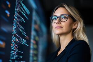 Confident woman gazing at digital data while working in a modern office during the evening hours photo