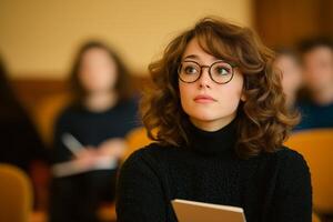 A focused woman takes notes in a cozy lecture hall while engaging with fellow students during a discussion photo