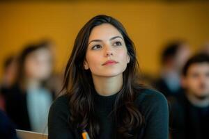 Dark-haired woman attentively taking notes in a cozy lecture hall with blurred students in the background photo