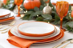 Elegant Thanksgiving dinner table setting with earthy ceramics and seasonal decorations in warm tones photo