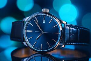 Stylish mens watch featuring a dark blue dial with sleek design and leather strap on a vibrant blue background photo