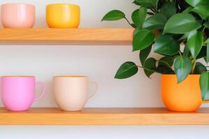 Bright and inviting kitchen display with wooden shelves, colorful cups, and fresh greenery photo