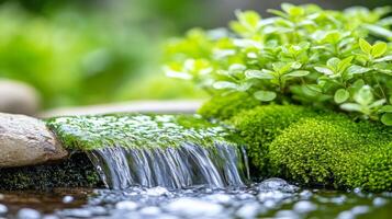 Tranquil forest retreat with moss-covered rocks and a gentle stream flowing through greenery photo
