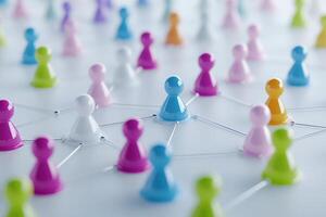 Multicolored 3D figures connected on a grid representing teamwork and digital connectivity in a creative setting photo